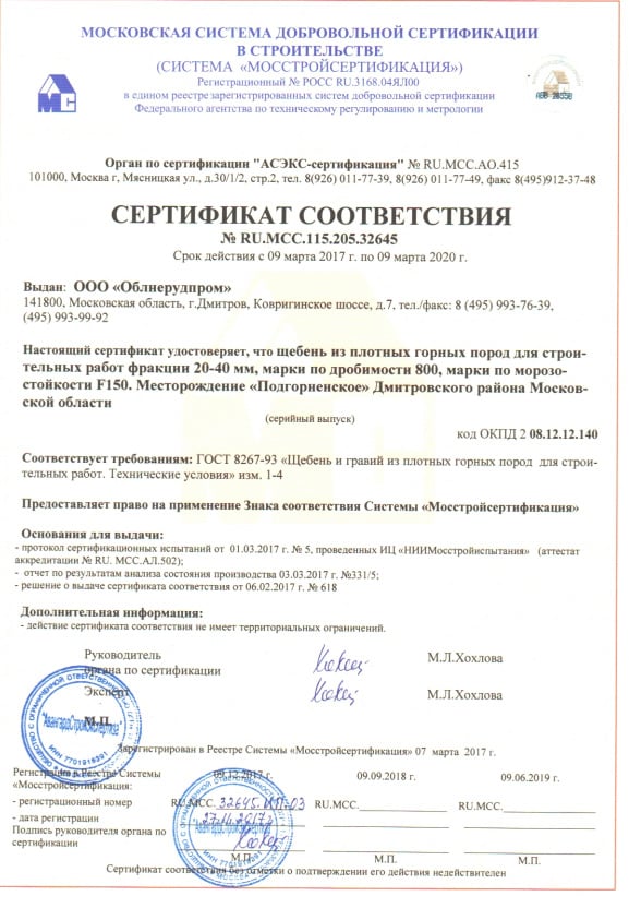 Сертификат на щебень гравийный 20-40